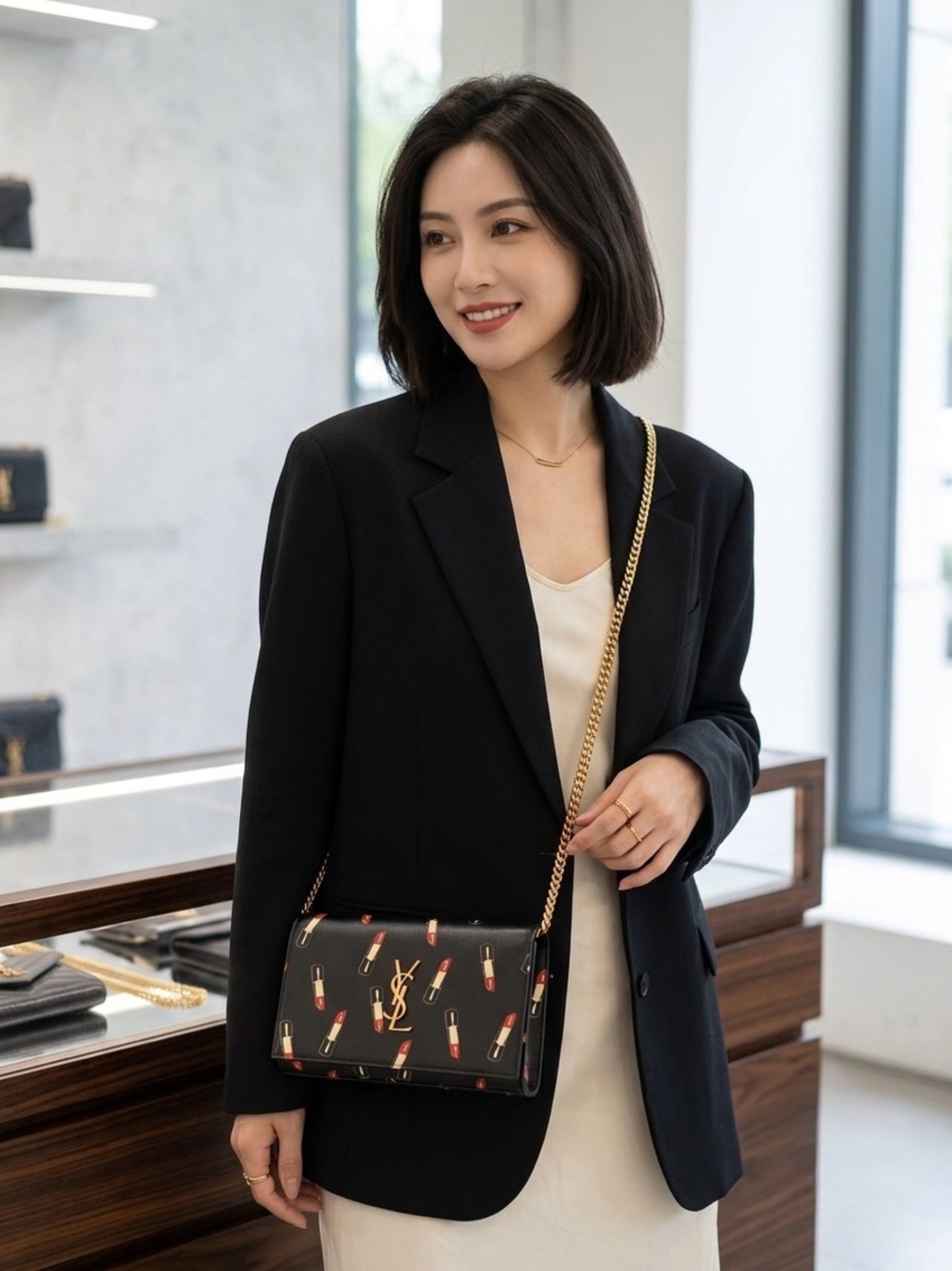 YSL Saint Laurent Black Leather Lipstick Wallet on Chain - Picture 3 of 12